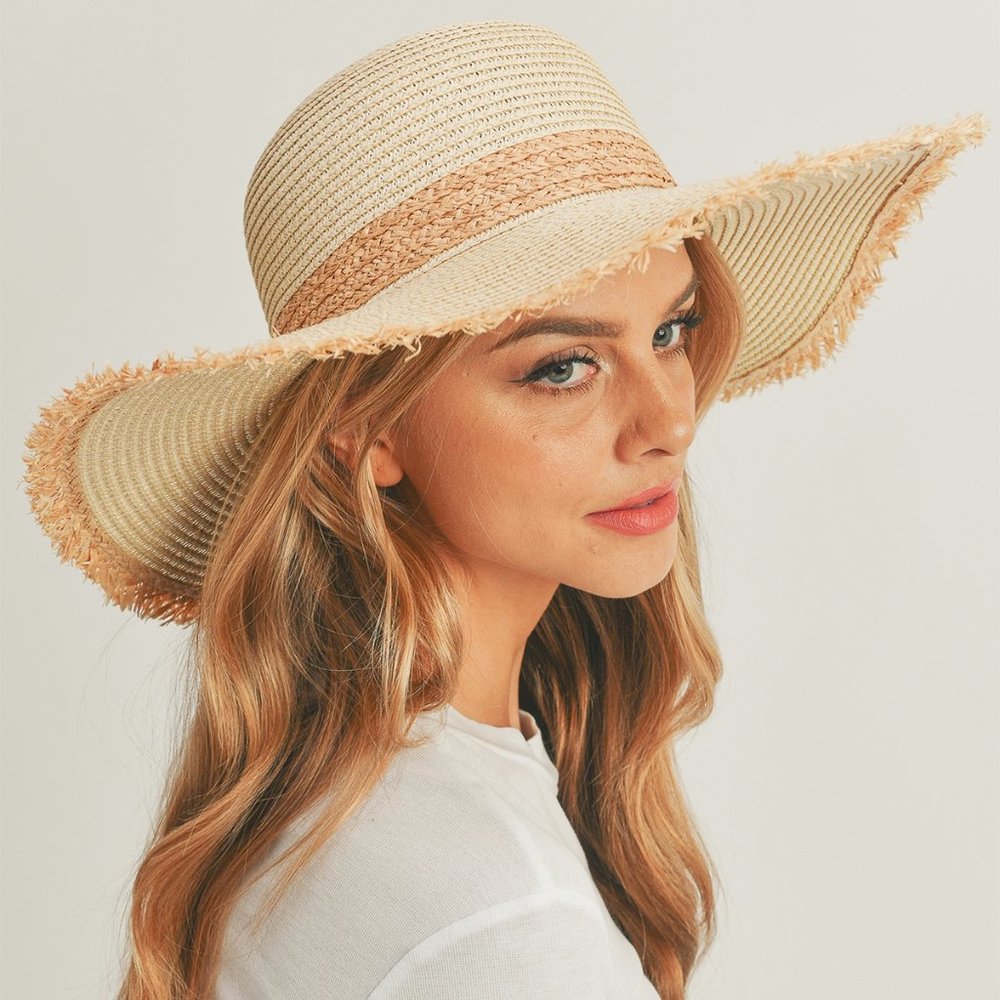 #59 FRAYED EDGE STRAW FLOPPY HAT-BEIGE